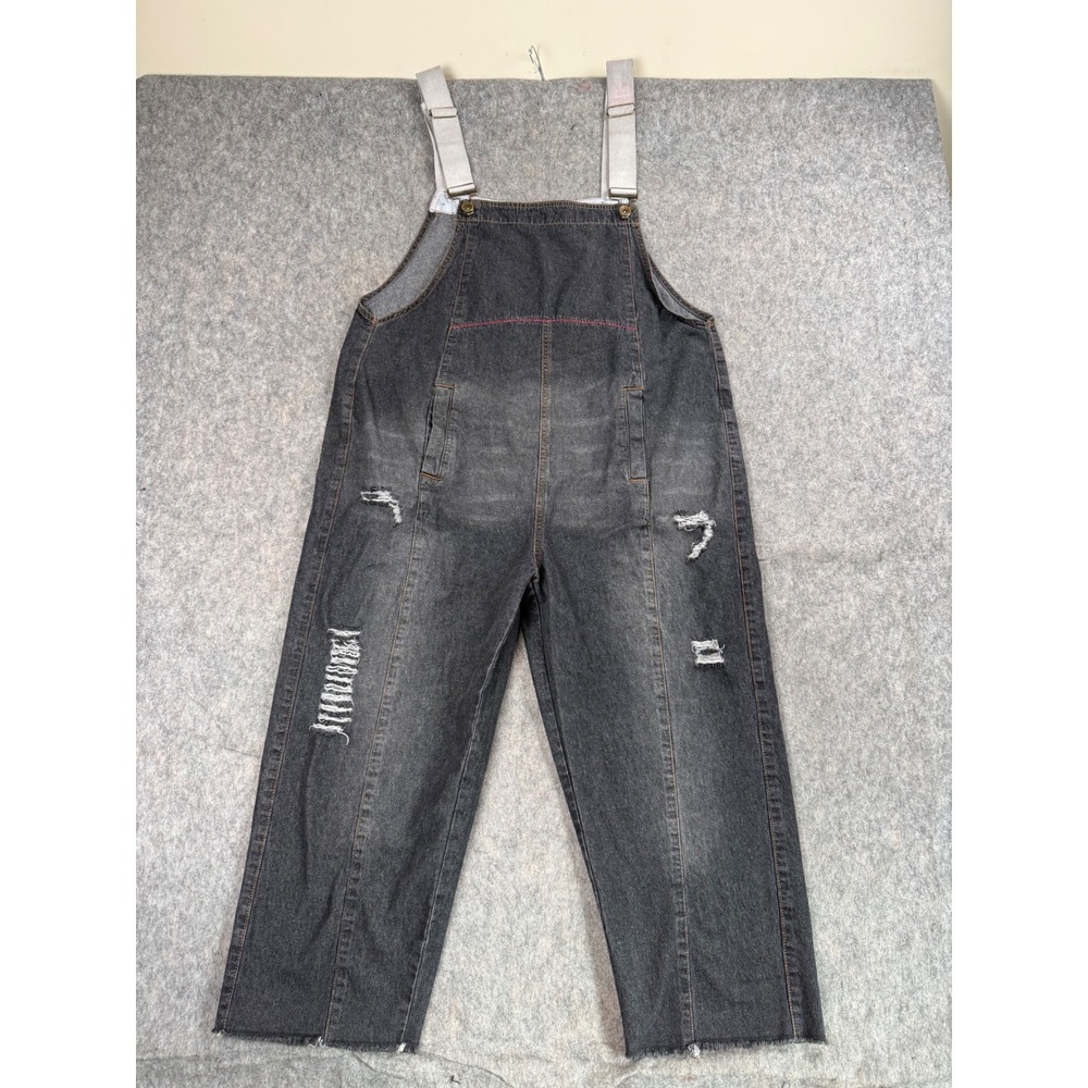 Unbranded Denim Overalls Women Small Black Cotton Distressed Bib Y2K Grunge Boho